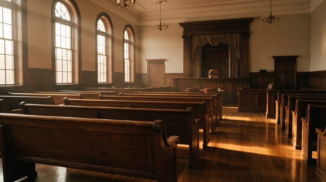 An empty courtroom with wooden benches in morning light