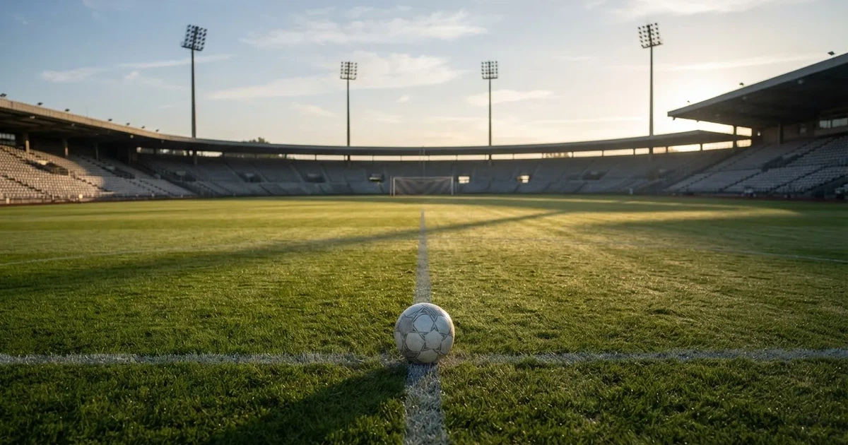 A ball on the centre spot of a grass pitch in morning light