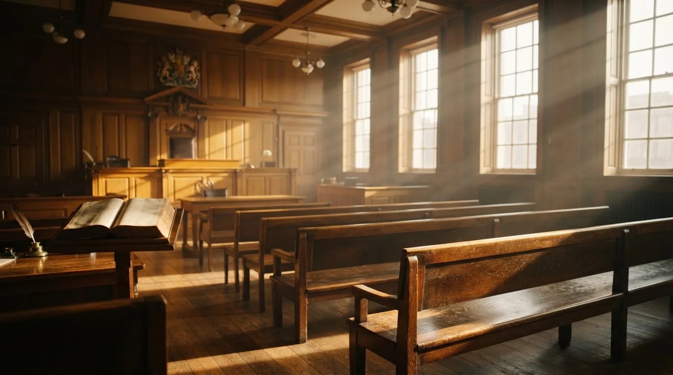 An empty courtroom with wooden benches in morning light