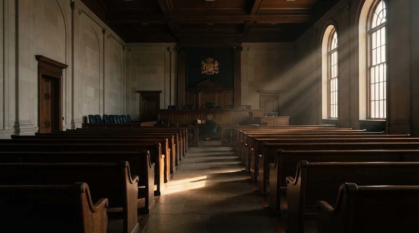 An empty courtroom with wooden benches in morning light