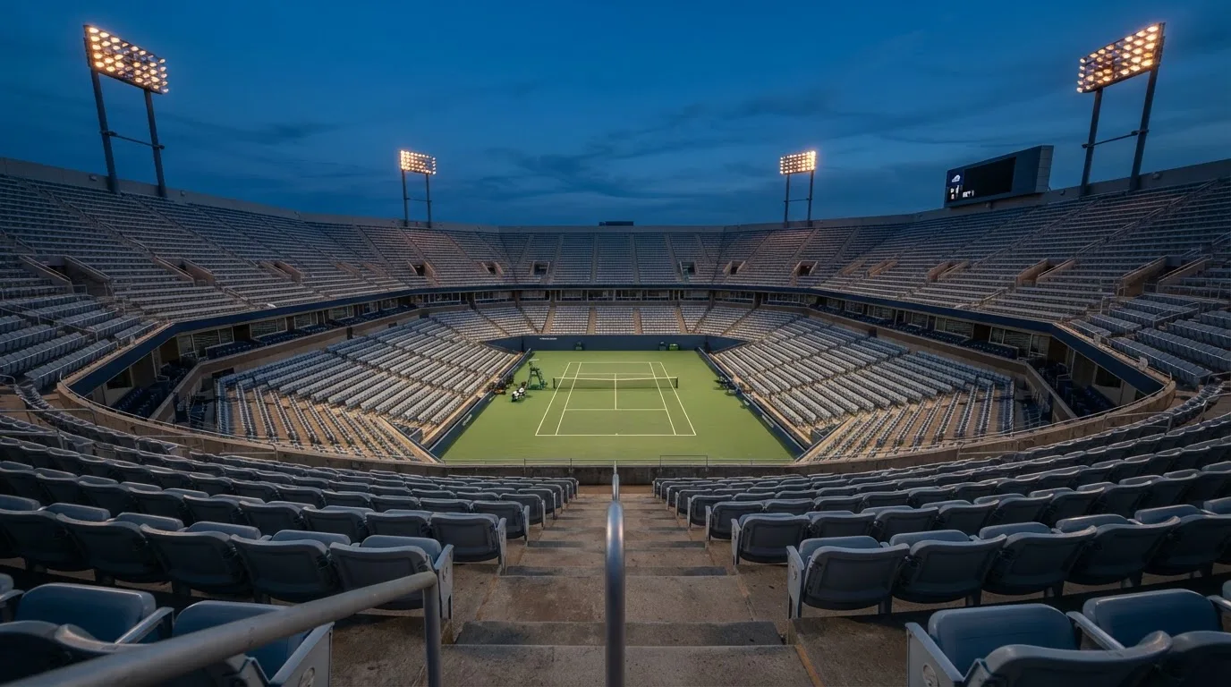 An empty football stadium with floodlight masts at dusk