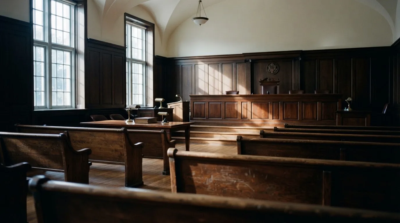 An empty courtroom with wooden benches in morning light