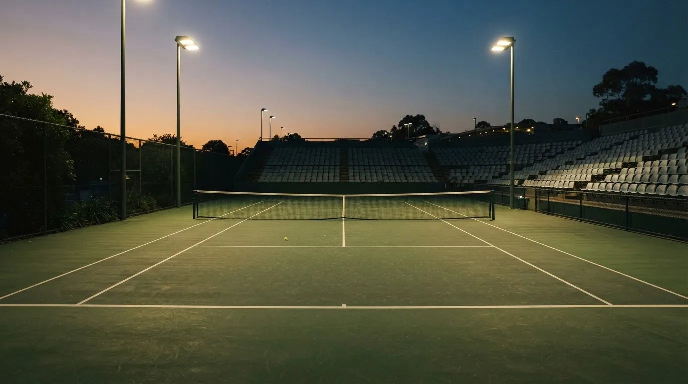 An empty football stadium with floodlight masts at dusk