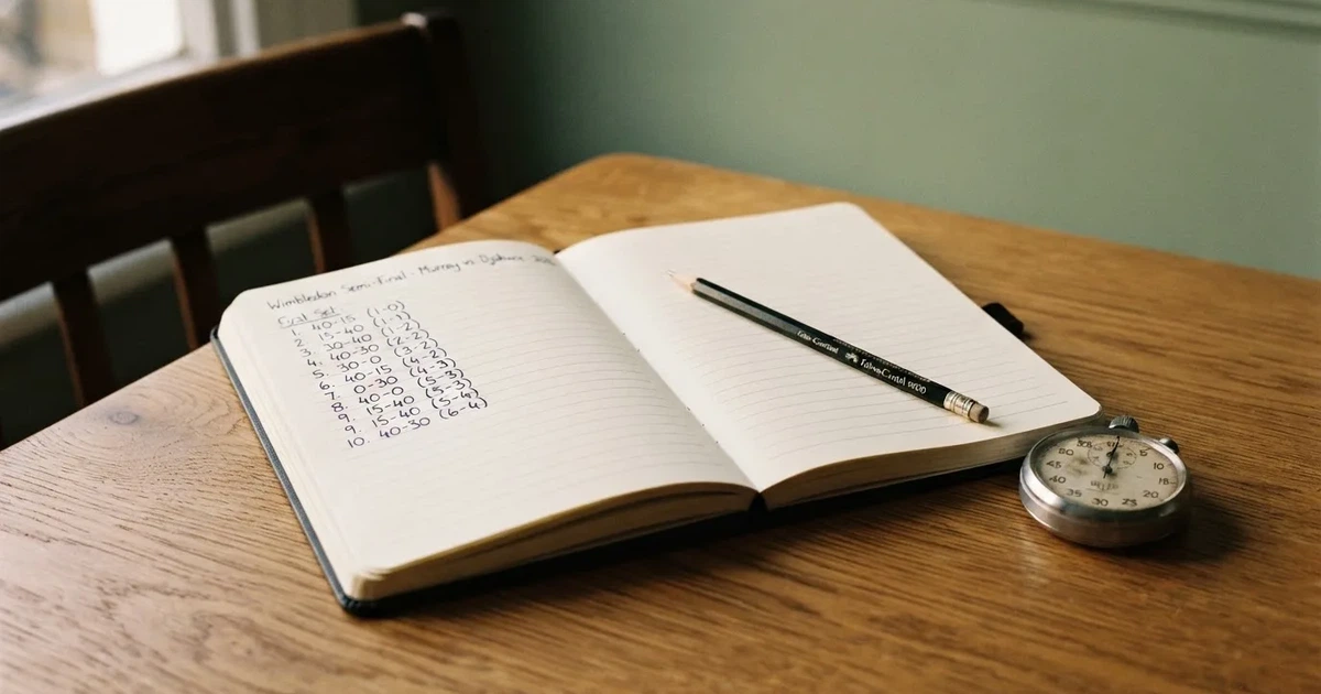 An open notebook with a pencil and a stopwatch on a wooden table