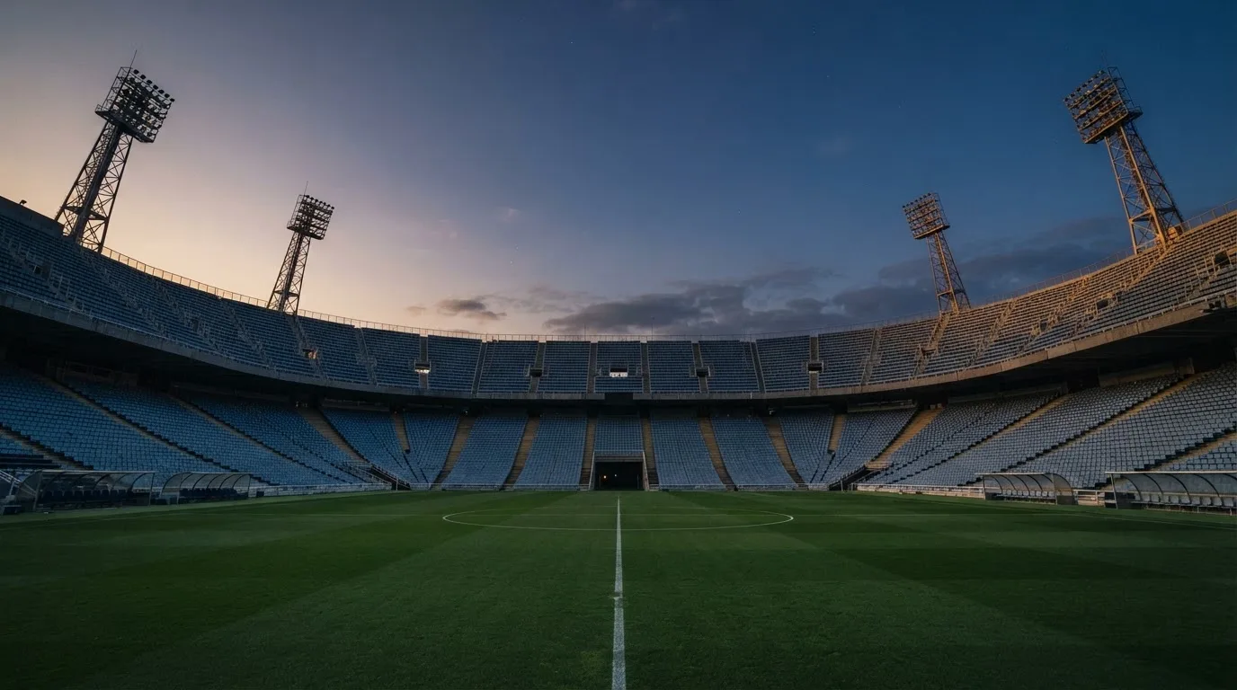 An empty football stadium with floodlight masts at dusk