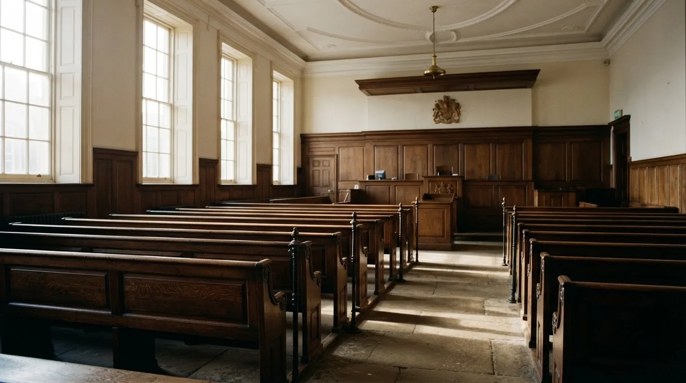 An empty courtroom with wooden benches in morning light