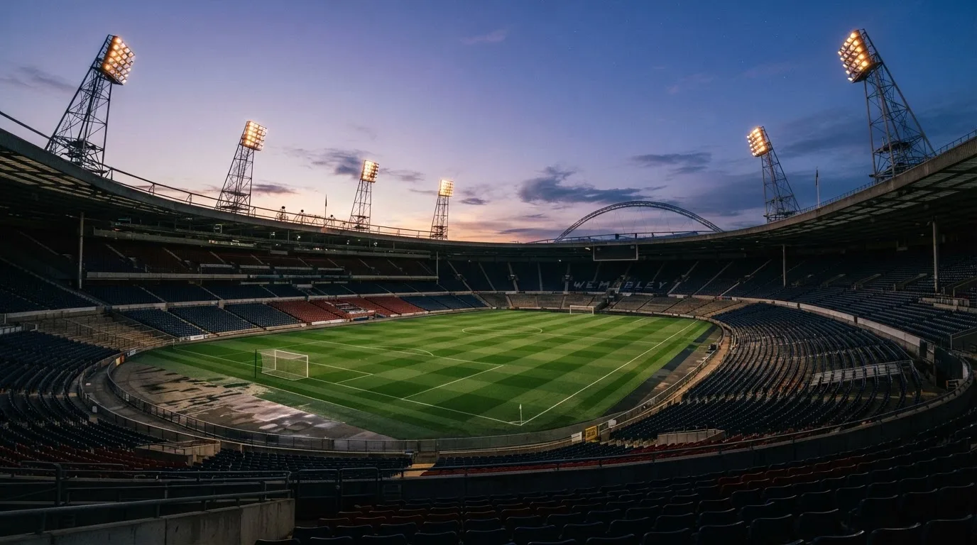 An empty football stadium with floodlight masts at dusk