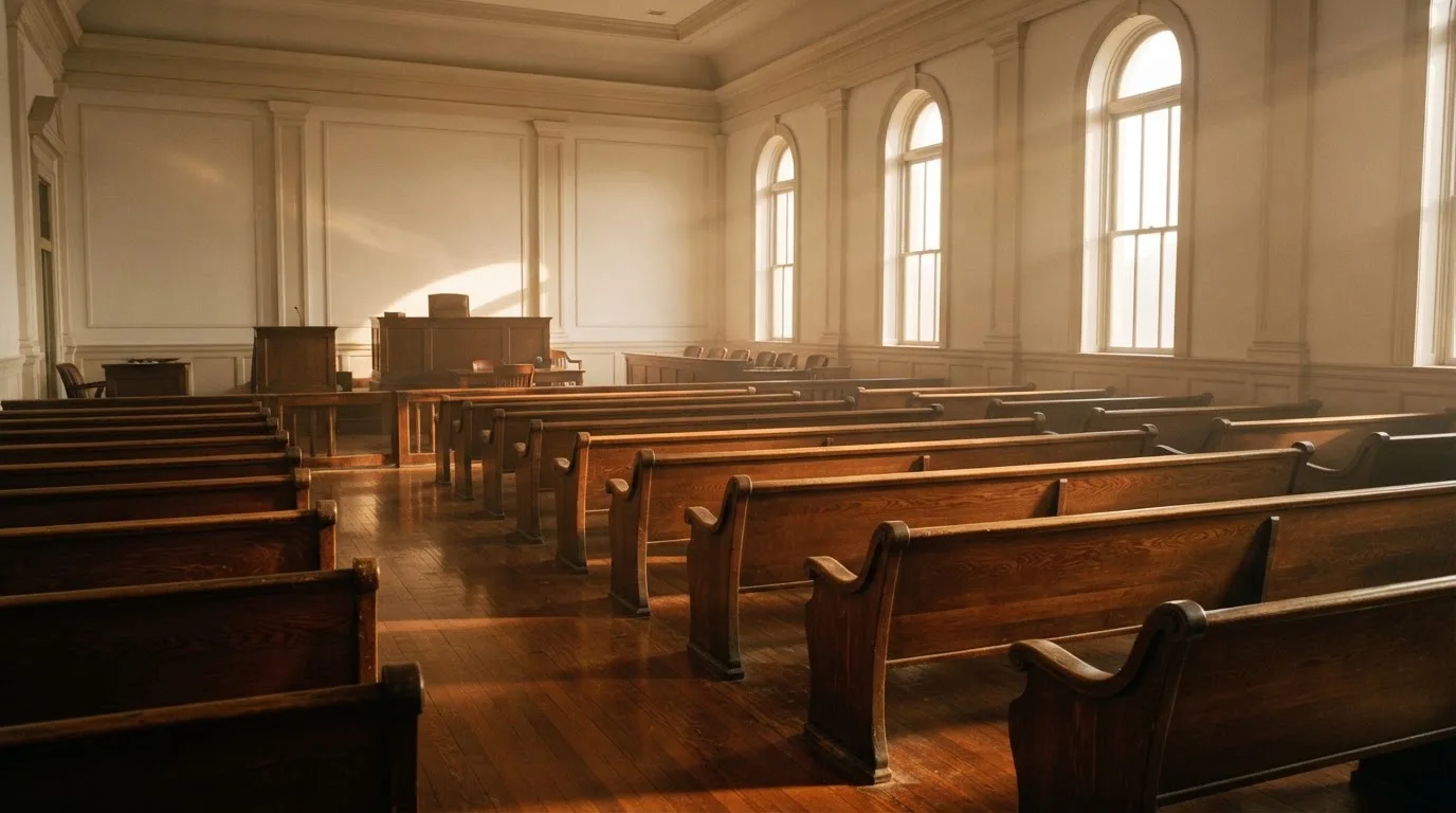 An empty courtroom with wooden benches in morning light