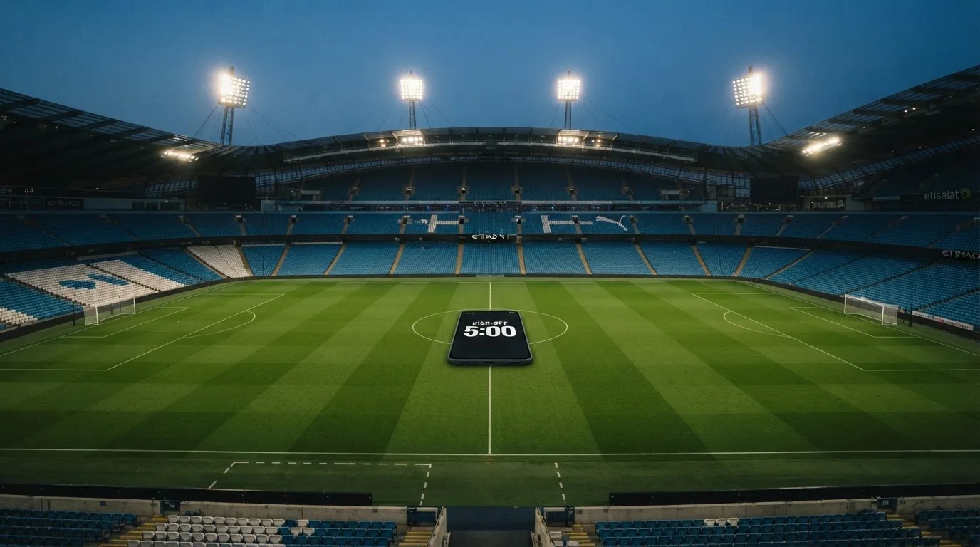An empty football stadium with floodlight masts at dusk
