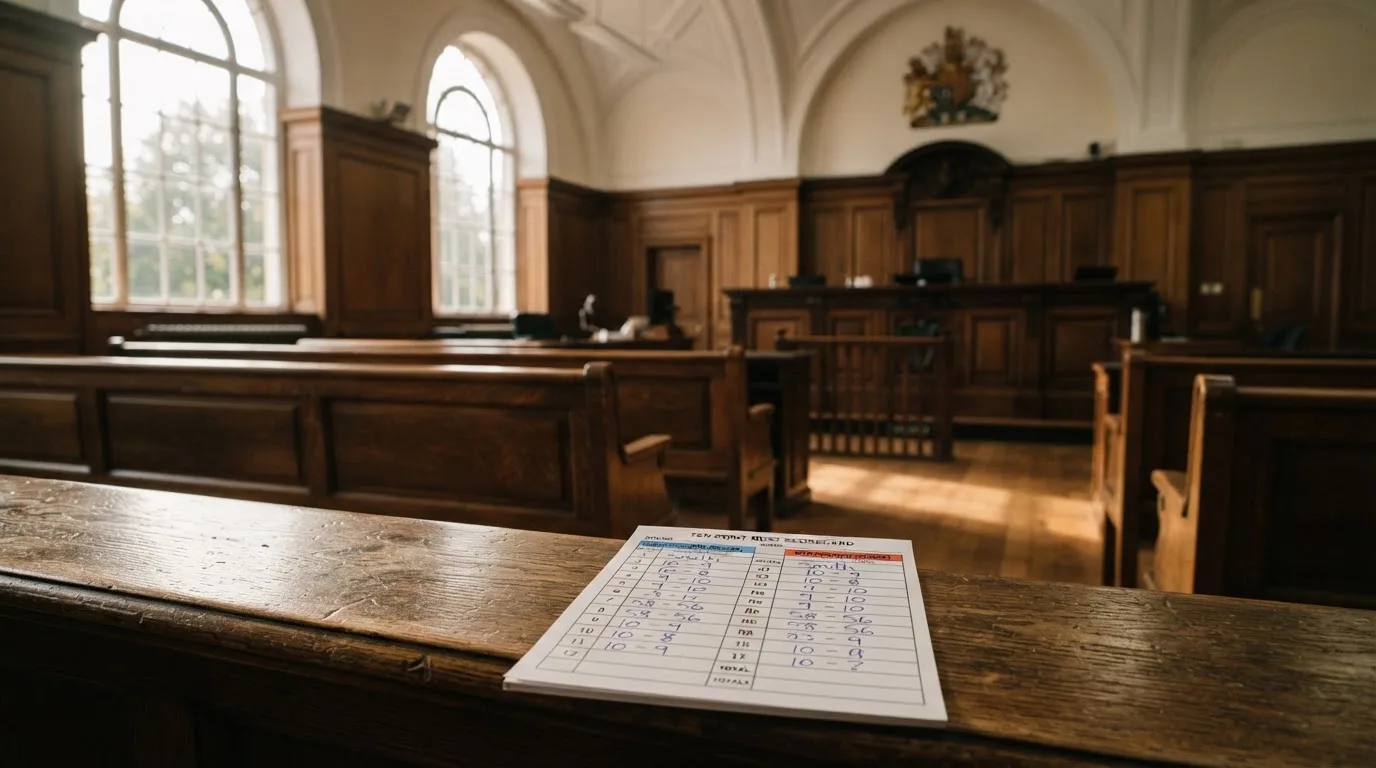 An empty courtroom with wooden benches in morning light