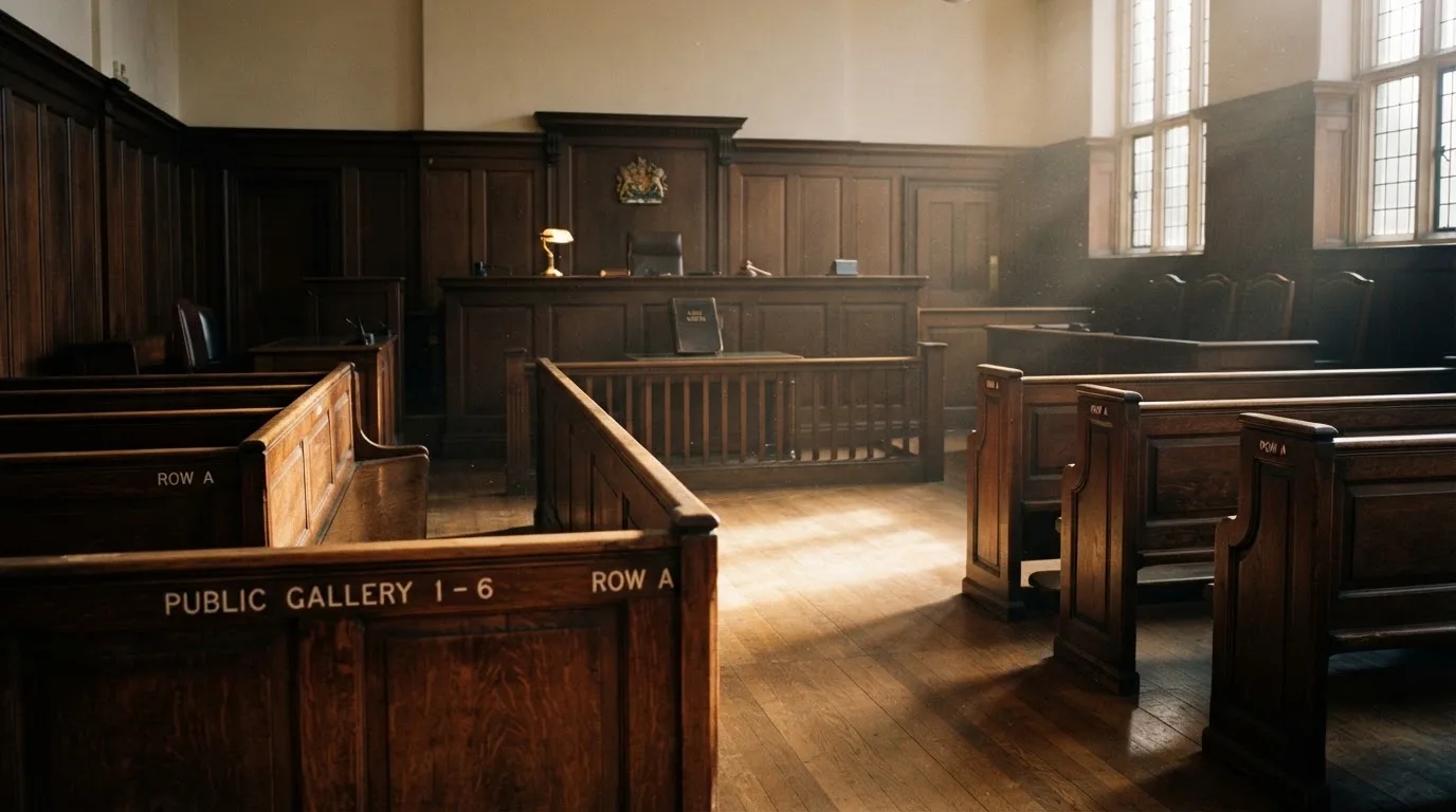 An empty courtroom with wooden benches in morning light