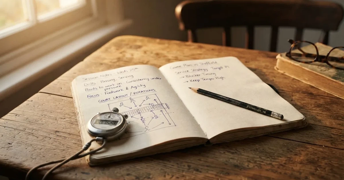 An open notebook with a pencil and a stopwatch on a wooden table