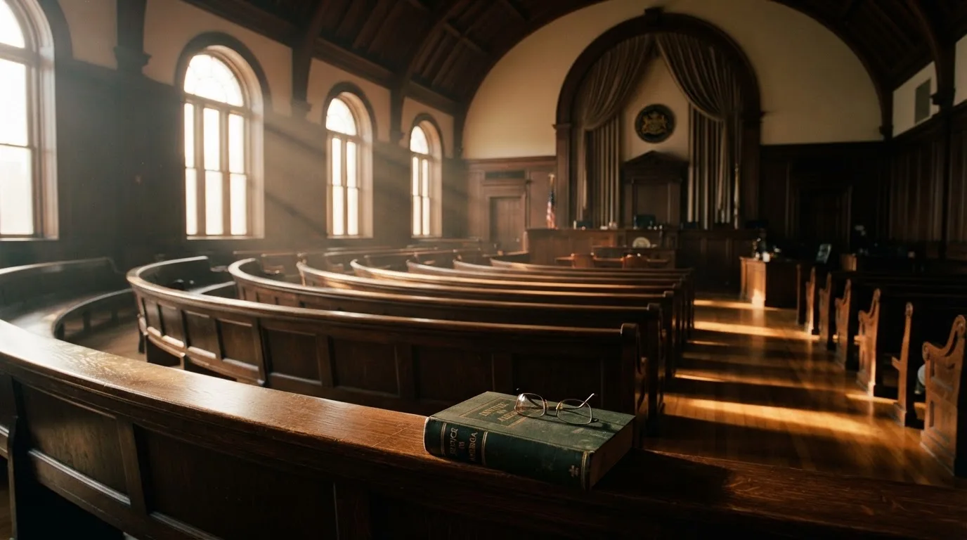 An empty courtroom with wooden benches in morning light