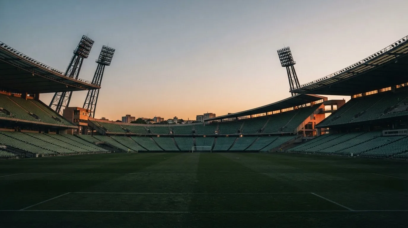 An empty football stadium with floodlight masts at dusk