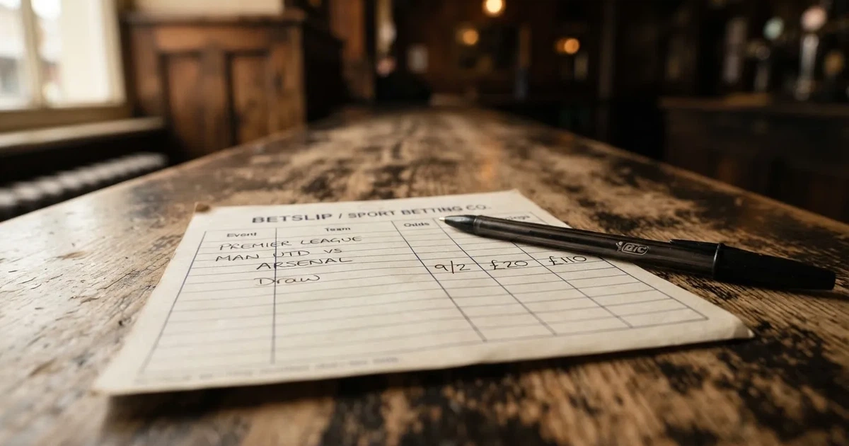 A blank paper betting slip beside a pen on a wooden counter