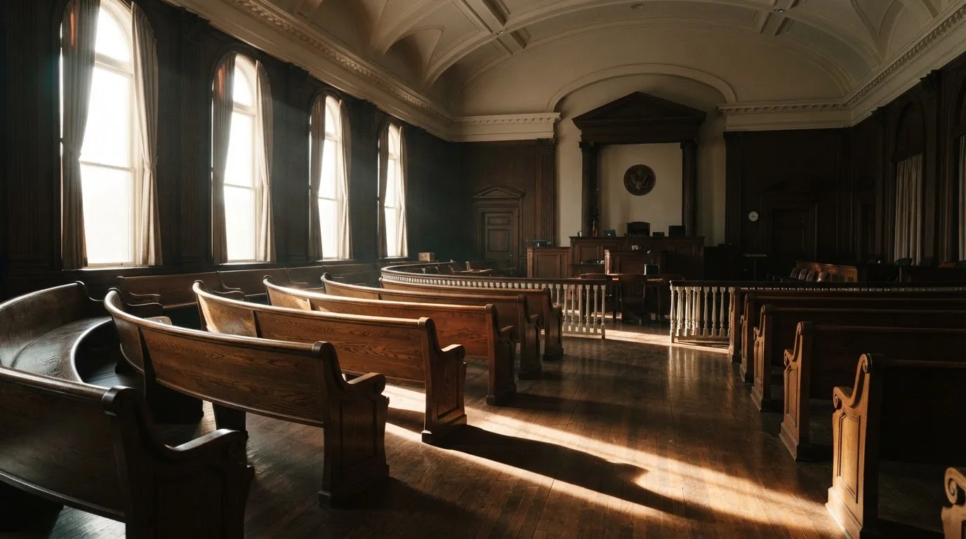 An empty courtroom with wooden benches in morning light