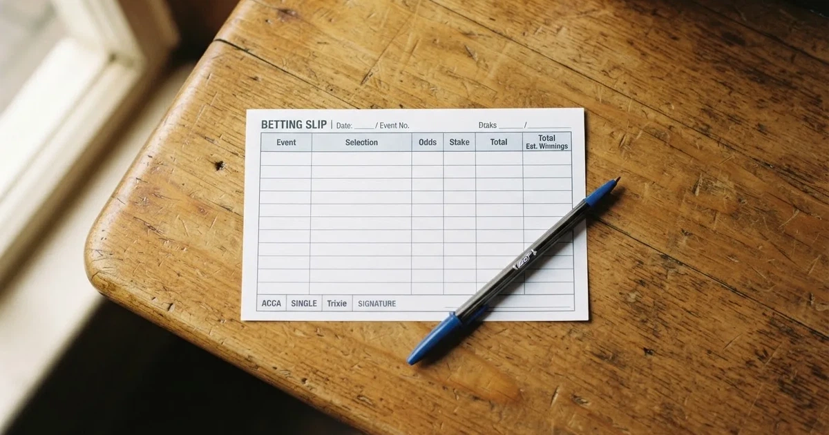 A blank paper betting slip beside a pen on a wooden counter