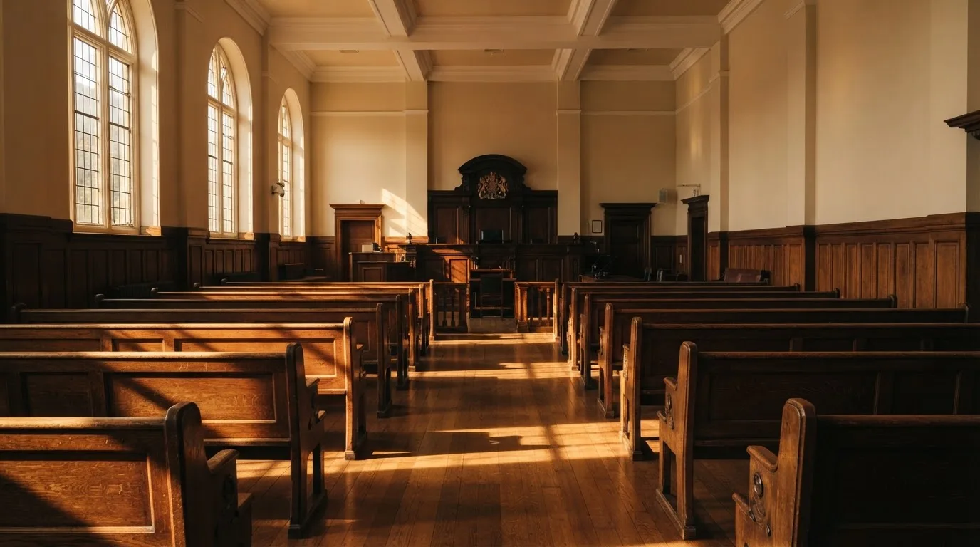 An empty courtroom with wooden benches in morning light