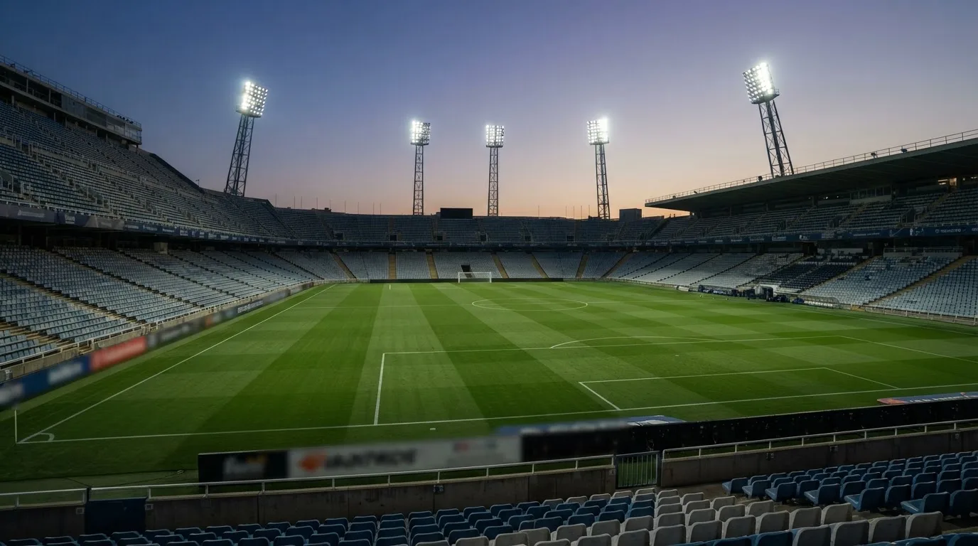 An empty football stadium with floodlight masts at dusk