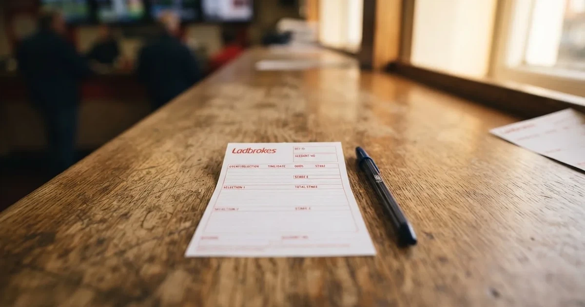 A blank paper betting slip beside a pen on a wooden counter