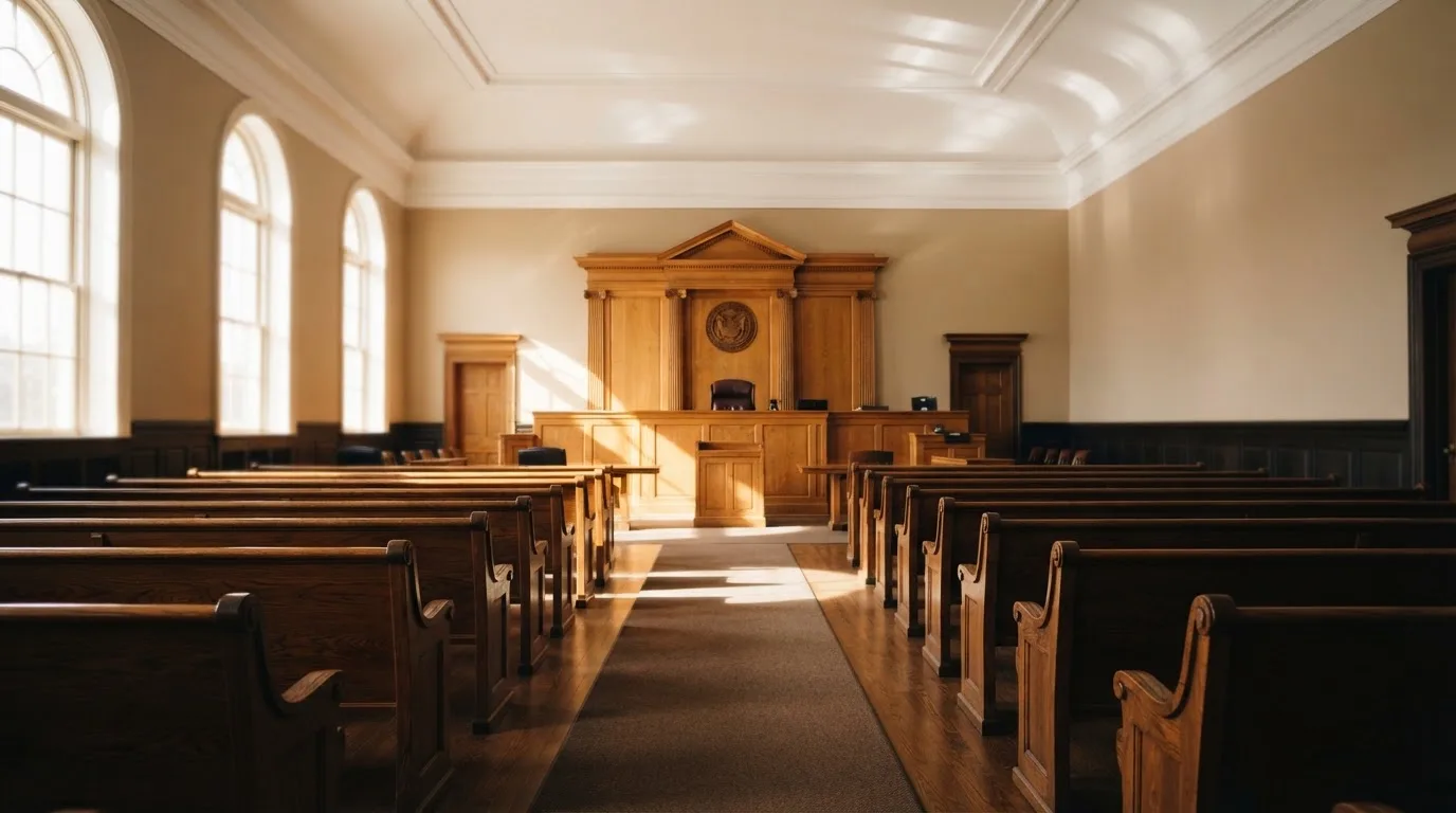 An empty courtroom with wooden benches in morning light