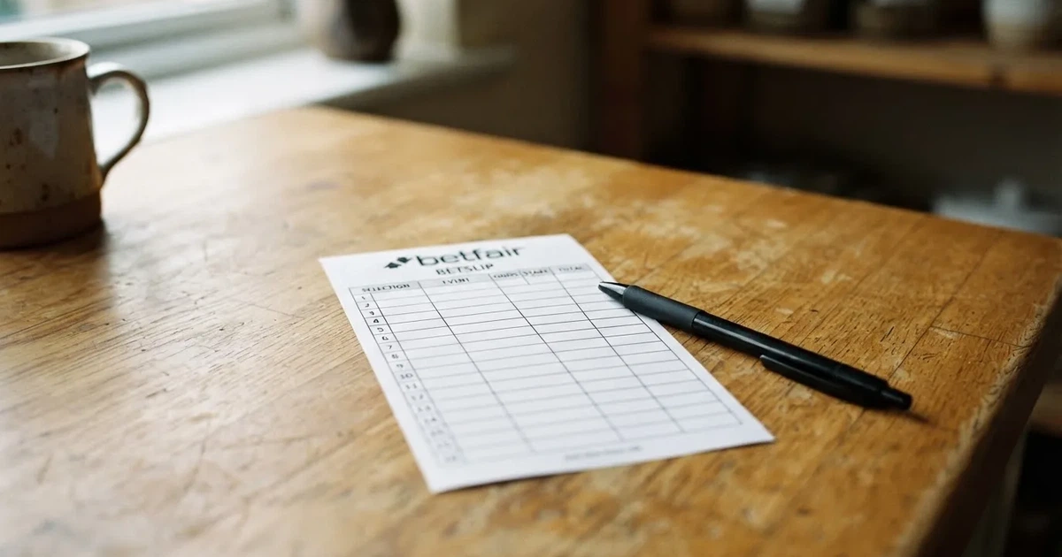 A blank paper betting slip beside a pen on a wooden counter