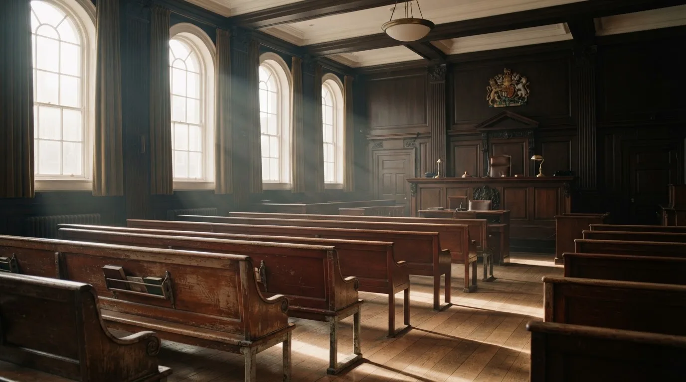 An empty courtroom with wooden benches in morning light